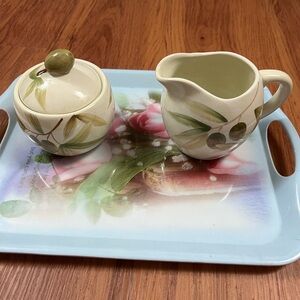 Nicoise by HOME Ceramic Sugar Bowl and Creamer Olive and Leaves Theme Set of 2